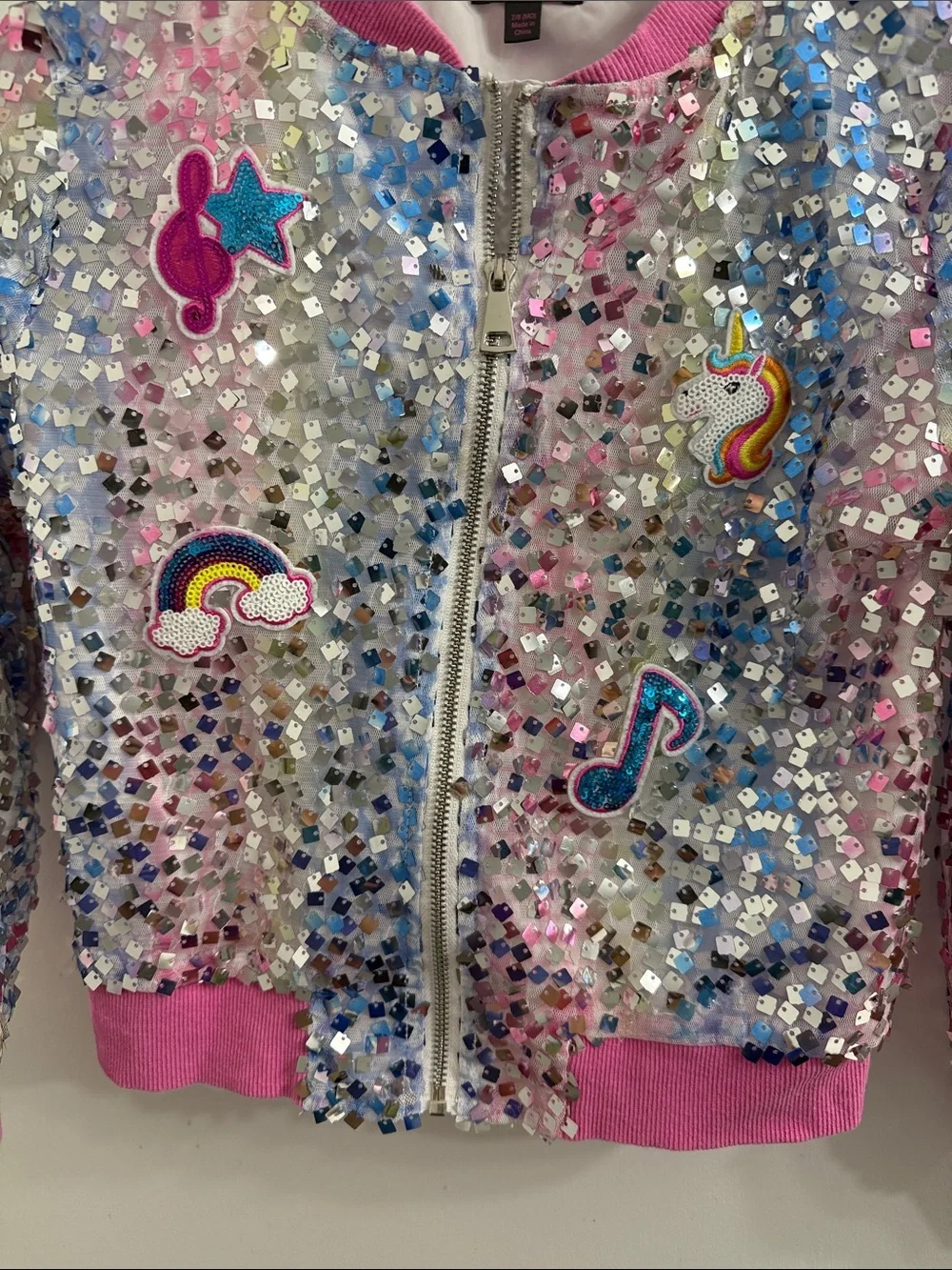 Justice Pink & Silver Sequin Dance Bomber Jacket